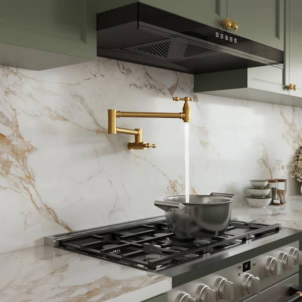 26 in. Wall Mount Double Handle Kitchen Pot Filler Faucet with 360° Swivel Arm in Brushed Gold