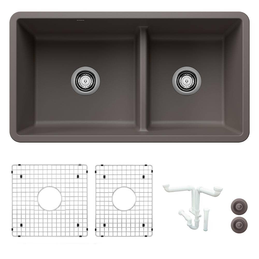 Precis 33 in. Undermount Double Bowl Volcano Gray Granite Composite Kitchen
