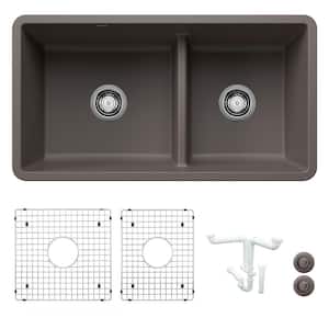 Precis 33 in. Undermount Double Bowl Volcano Gray Granite Composite Kitchen Sink Kit with Accessories
