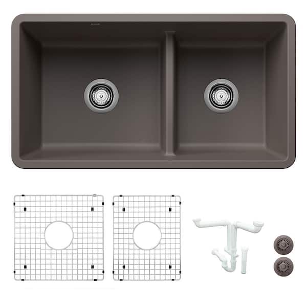 Blanco Precis 33 in. Undermount Double Bowl Volcano Gray Granite Composite Kitchen Sink Kit with Accessories
