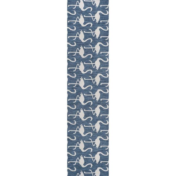 Liana Casual Coastal Flamingos 2-Tone Navy/White 2 ft. x 8 ft. Indoor/Outdoor Runner Rug