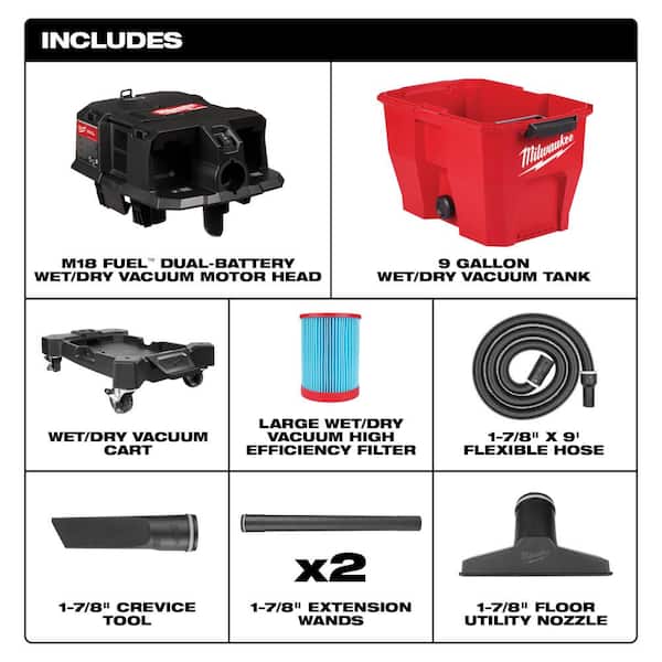 M18 FUEL 9 Gal. Cordless DUAL-BATTERY Wet/Dry Shop Vacuum with Filter, Hose, and Accessories