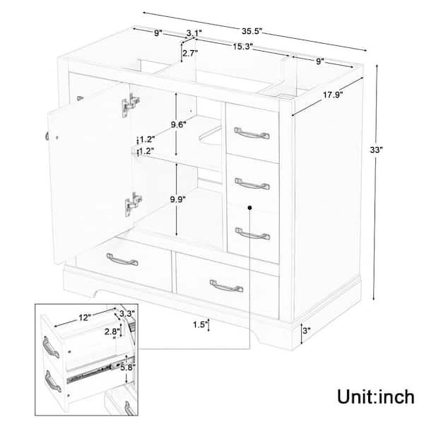 Virubi 36 in. Bath Vanity Cabinet without Top in White with 6