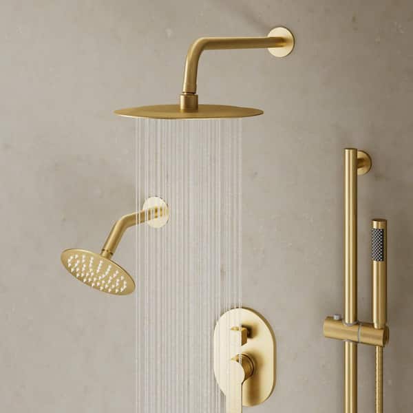 3-Spray Wall Mounted 10 and 6 in. Dual Shower Head and Handheld Shower with 22.3 in. Slide Bar and Valve in Brushed Gold