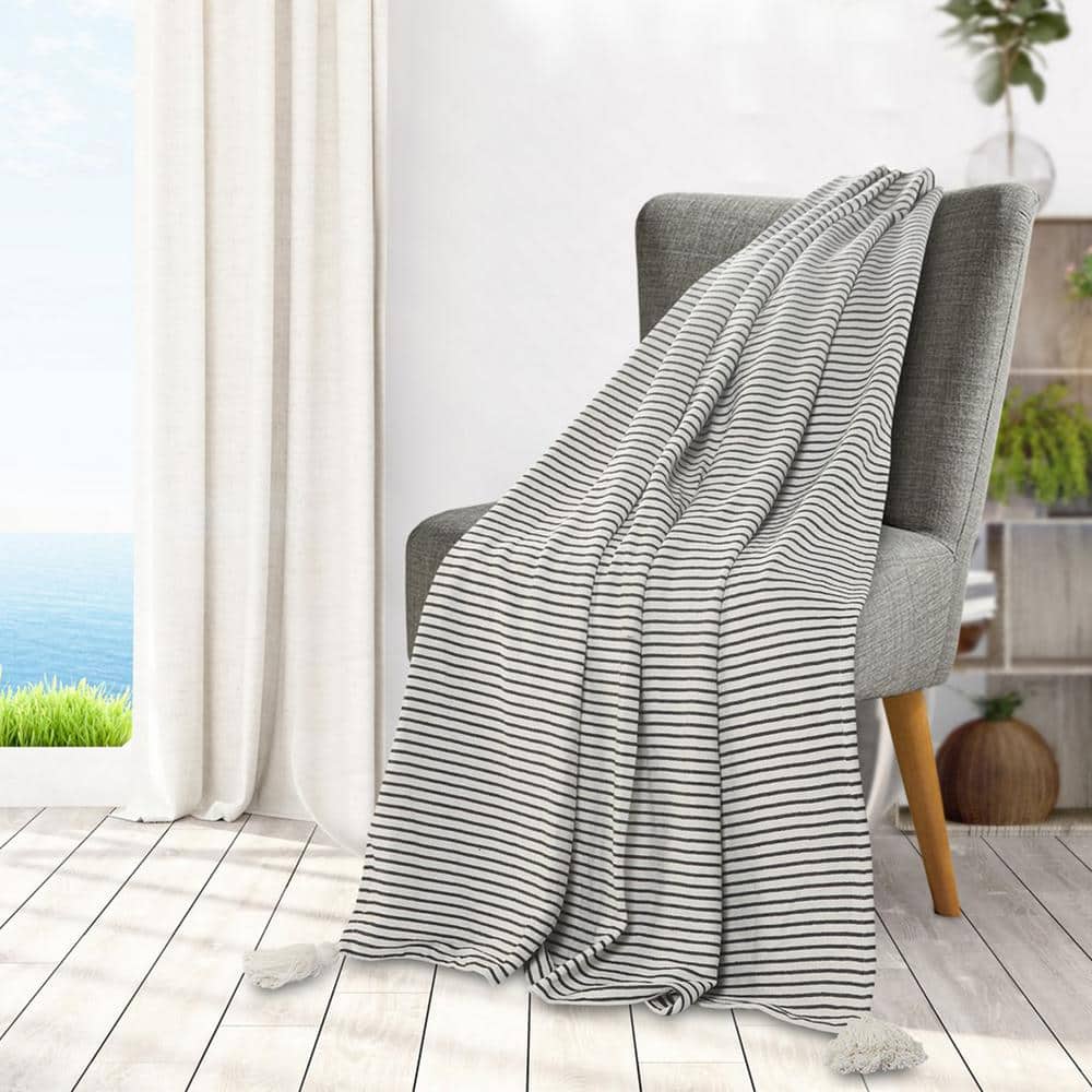 Nicobar Black / Ivory Casual Striped Tassel All Natural Cotton Throw Blanke