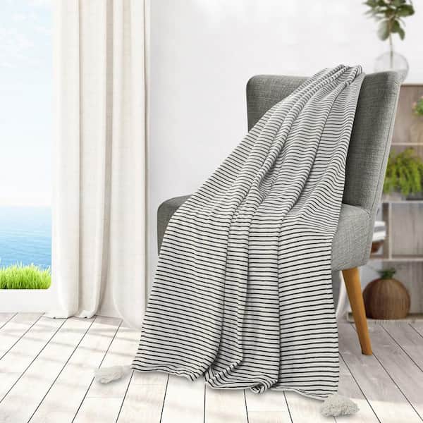 Unbranded Nicobar Black / Ivory Casual Striped Tassel All Natural Cotton Throw Blanket