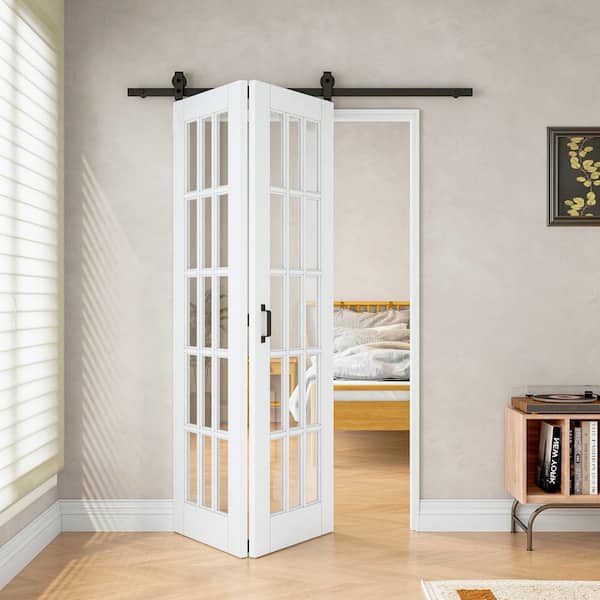 ARK DESIGN 48 in. x 80 in. 15-Lite Tempered Clear Glass White Primed MDF Bifold Sliding Barn Door with Hardware Kit