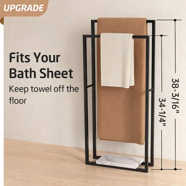 Bathroom Freestanding Towel Rack 2-Tier with Marble Base in Matte Black