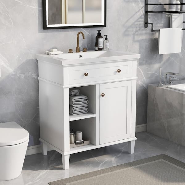 Staykiwi 30 in. W x 18 in. D x 34.28 in. H Single Sink Freestanding Bath Vanity in White with White Ceramic Top