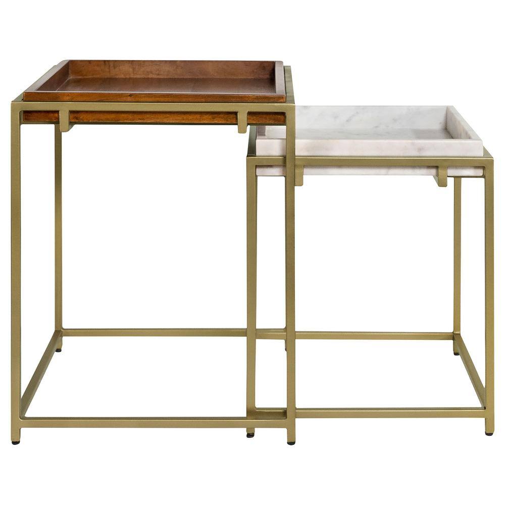 Gold and Brown Mango Wood Square Nesting Tables with Metal Frame