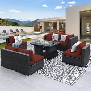 Large 7 Piece Charcoal Wicker Patio Fire Pit Conversation Sectional Deep Seating Sofa Set with Dark Red Cushions