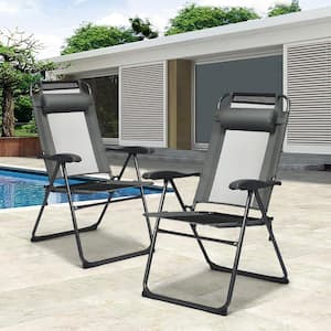 2 Pieces Patio Folding Steel Lawn Chairs with 7 Level Adjustable Backrest in Gray