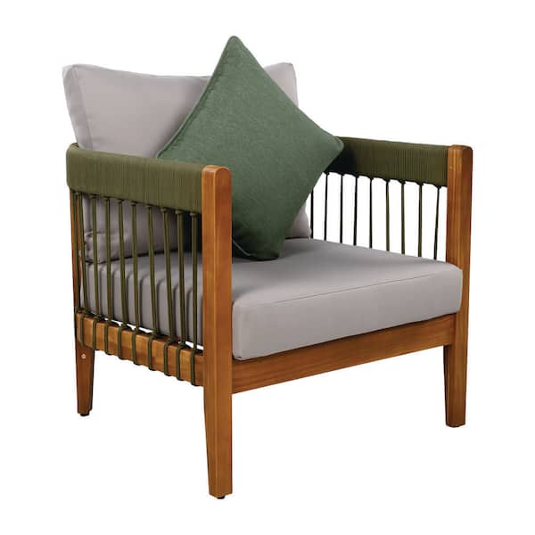 Wood Outdoor Lounge Chair with Gray Cushion Green Pillow for Porch Garden (1-Pack)
