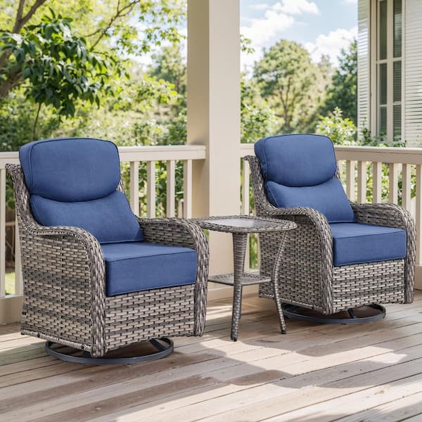 moosprr Luxurious Gray Swivel Glider Wicker Patio Conversation Set with Blue Olefin 6 In. Thick Cushions/Side Table (3-Piece)