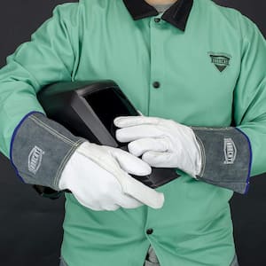 Large White and Black Premium Grain Kidskin Heat Resistant TIG Welding Glove with Kevlar Stitching and Gauntlet Cuff