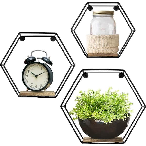 Afoxsos 15.75 in. W x 4 in. x D Black Geometric Hexagon Wood Decorative Wall Shelf Storage (Set of 3)