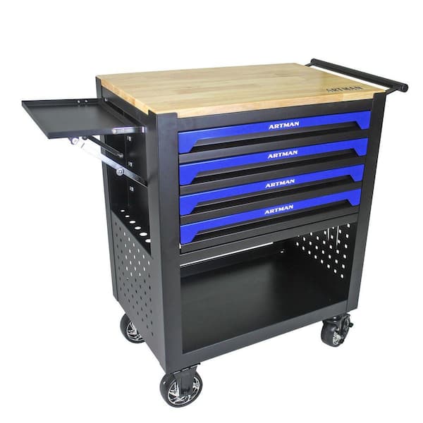 17.9 in. W 4 Drawer Rolling Black Tool Cabinet with Lock, 4 Wheels Tool Carts with Workbench, Push Rod, Tray and Shelf