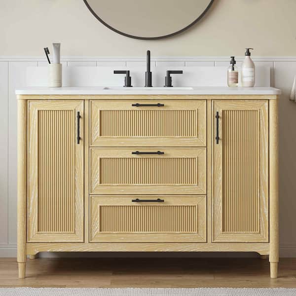 Evie 49 in. Single Sink Freestanding Light Oak Bath Vanity with White Quartz Top and Backsplash Assembled