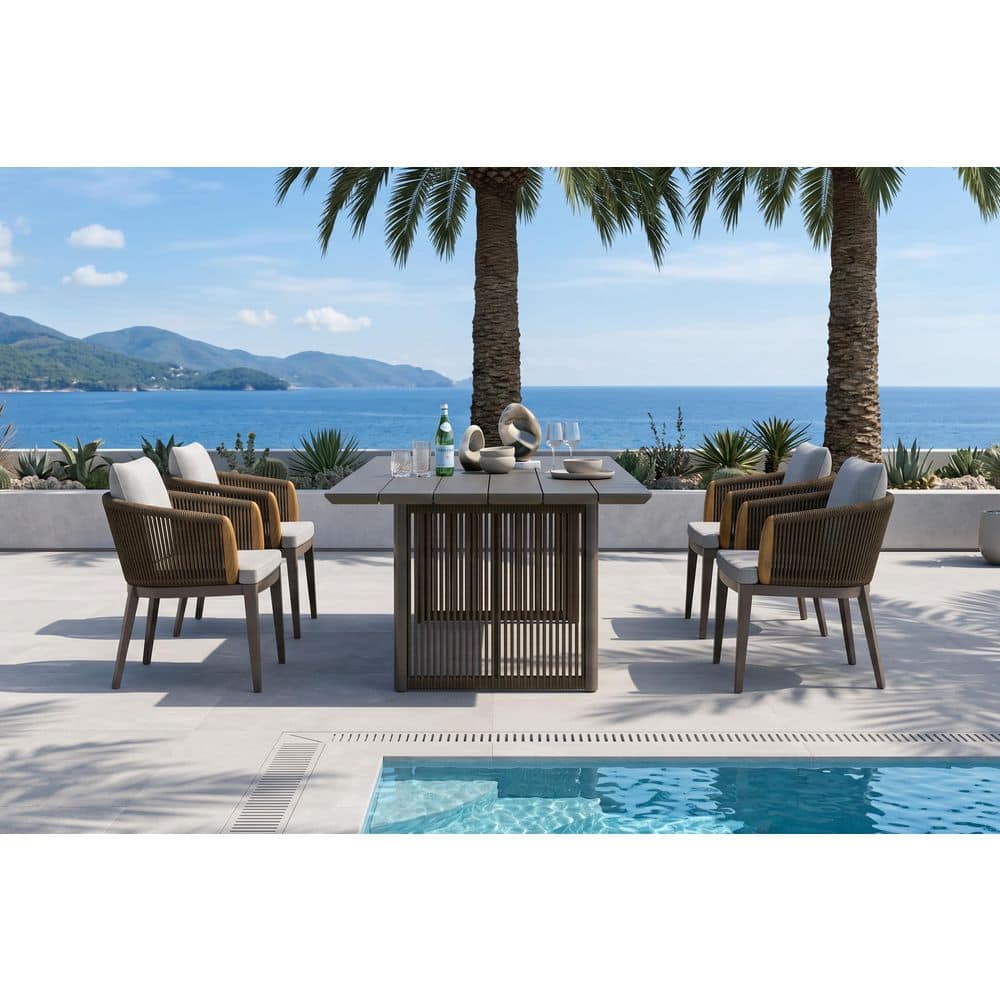 5-Piece Aluminum All-Weather Wicker Outdoor Dining Set with Cushion, Brown