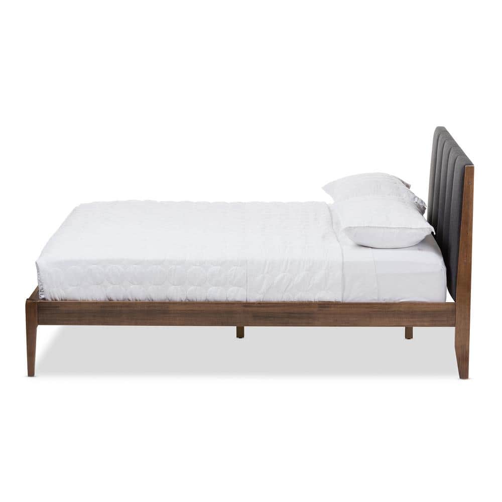 King-Size Walnut Wood Frame Upholstered Platform Bed with Tufted Headboard