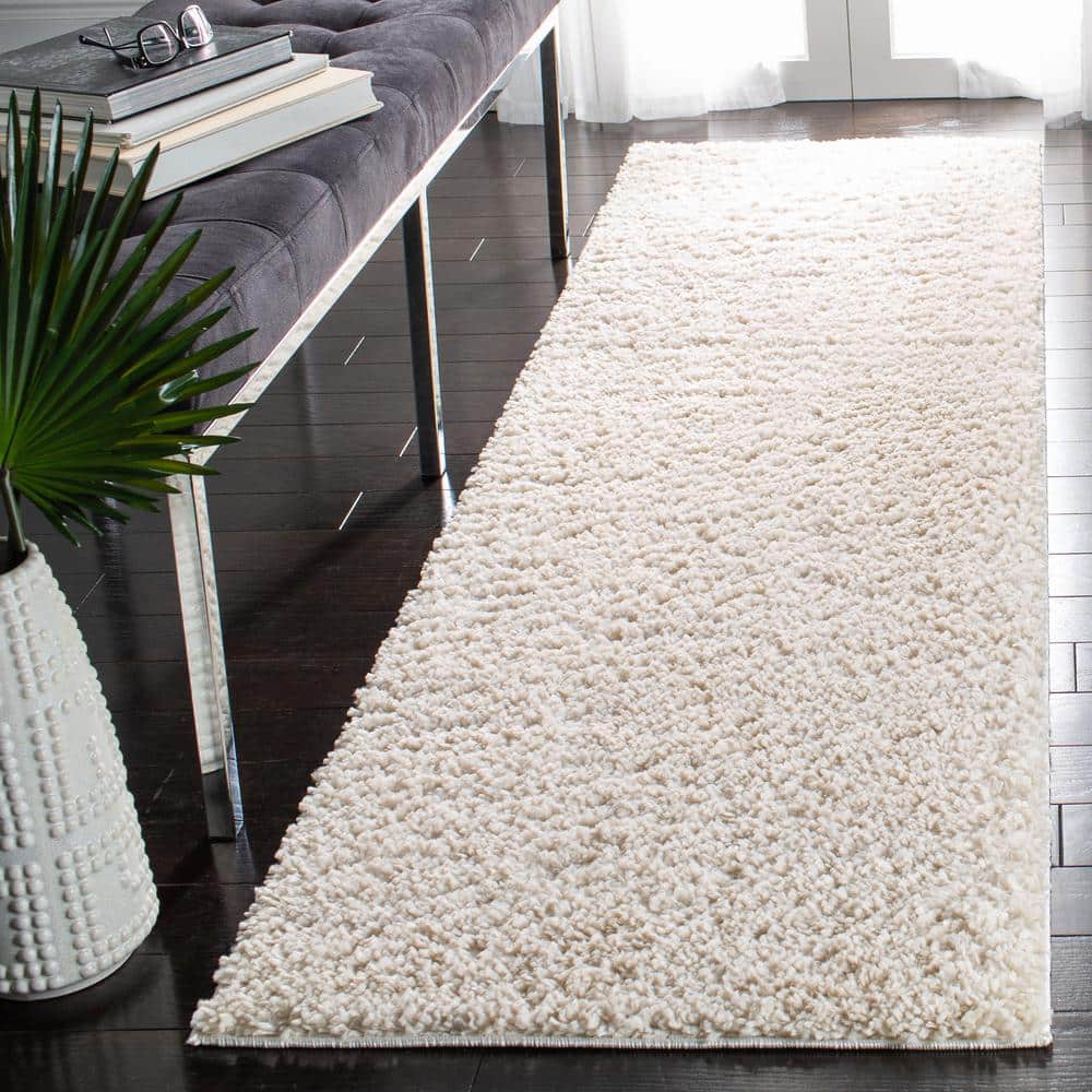 Ivory Hand-Knotted Synthetic Shag Runner Rug, 2'3" x 12'