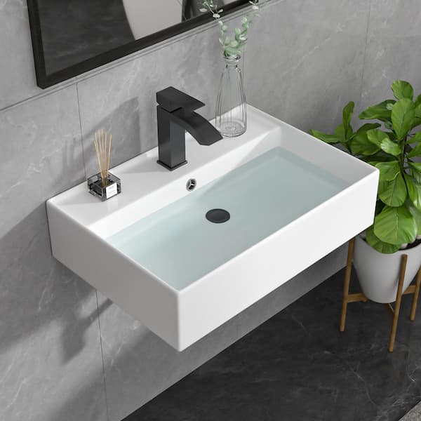 24 in. Rectangular Vitreous China Wall-Mounted Bathroom Sink in White with Faucet Hole