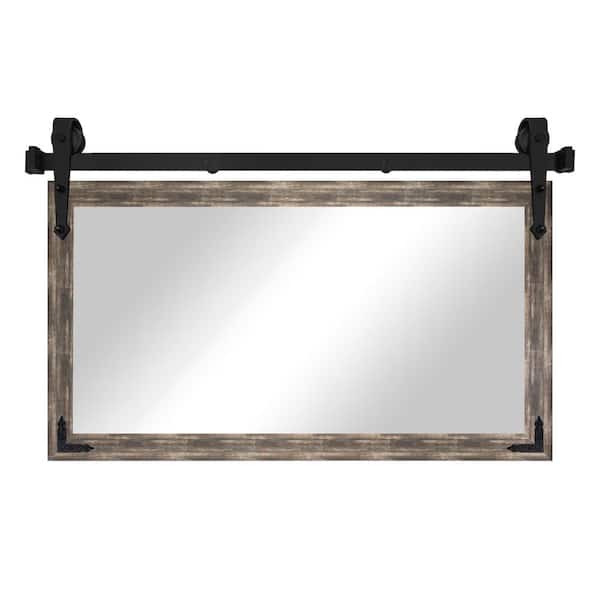 (26 in. W x 33 in. H) Brown Distressed Mirror with Steel Barn Door Track and Decorative Metal Corner Brackets