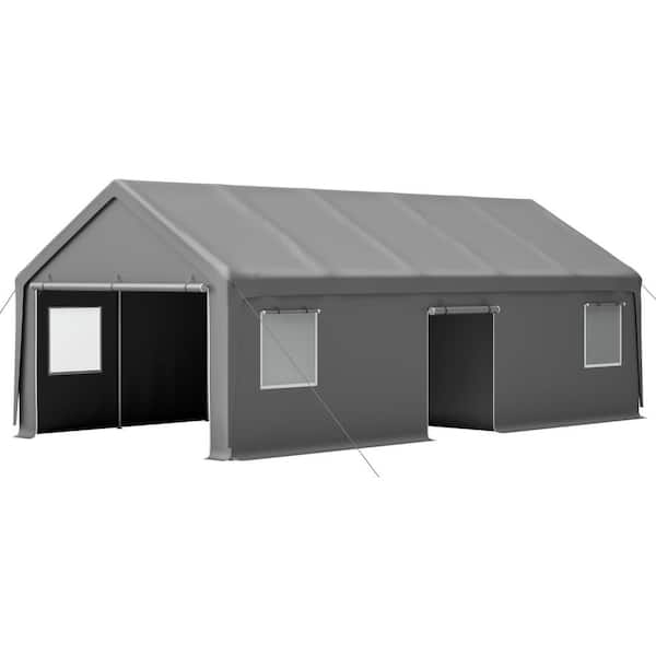 13 ft. W x 26 ft. D x 10 ft. H Gray Heavy Duty Carport Canopy with 2 Roll-Up Doors and 1 Side Door