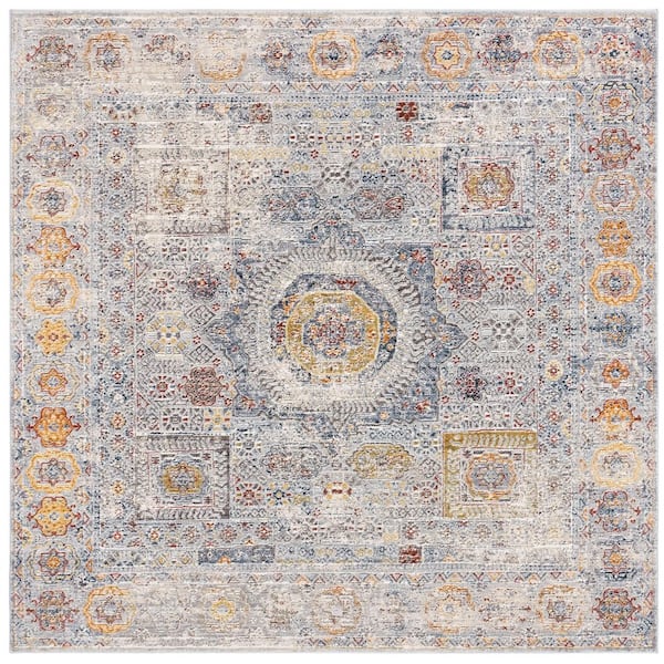 History 7 ft. x 7 ft. Light Gray/Gold Distressed Aztec Square Area Rug