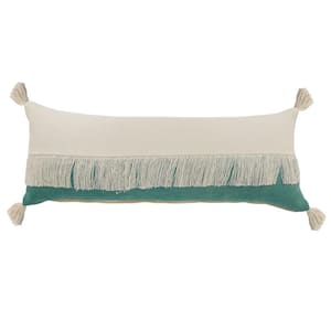Festival Fringe Emerald Green/Off-White Color Block Soft Poly-Fill 14 in. x 36 in. Throw Pillow