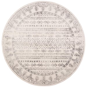 Tulum Ivory/Gray 7 ft. x 7 ft. Round Striped Distressed Border Area Rug