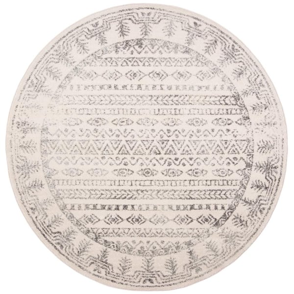 SAFAVIEH Tulum Ivory/Gray 7 ft. x 7 ft. Round Striped Distressed Border Area Rug