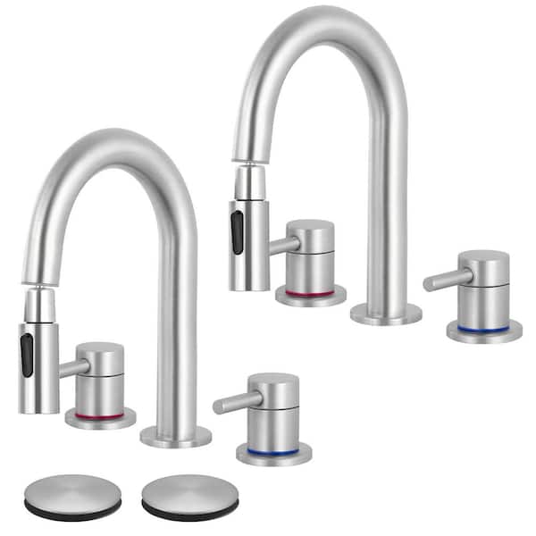 AKLFGN Double Handles 8 in. Widespread Bathroom Sink Faucet 3-Hole with Pull Out Sprayer Pop-Up Drain in Brushed Nickel(2 Pack)