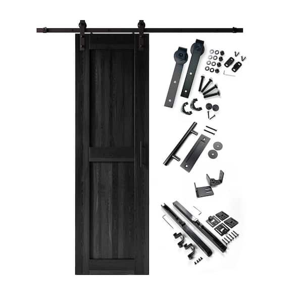 HOMACER 24 in. x 96 in. H-Frame Black Solid Pine Wood Interior Sliding Barn Door with Hardware Kit, Non-Bypass