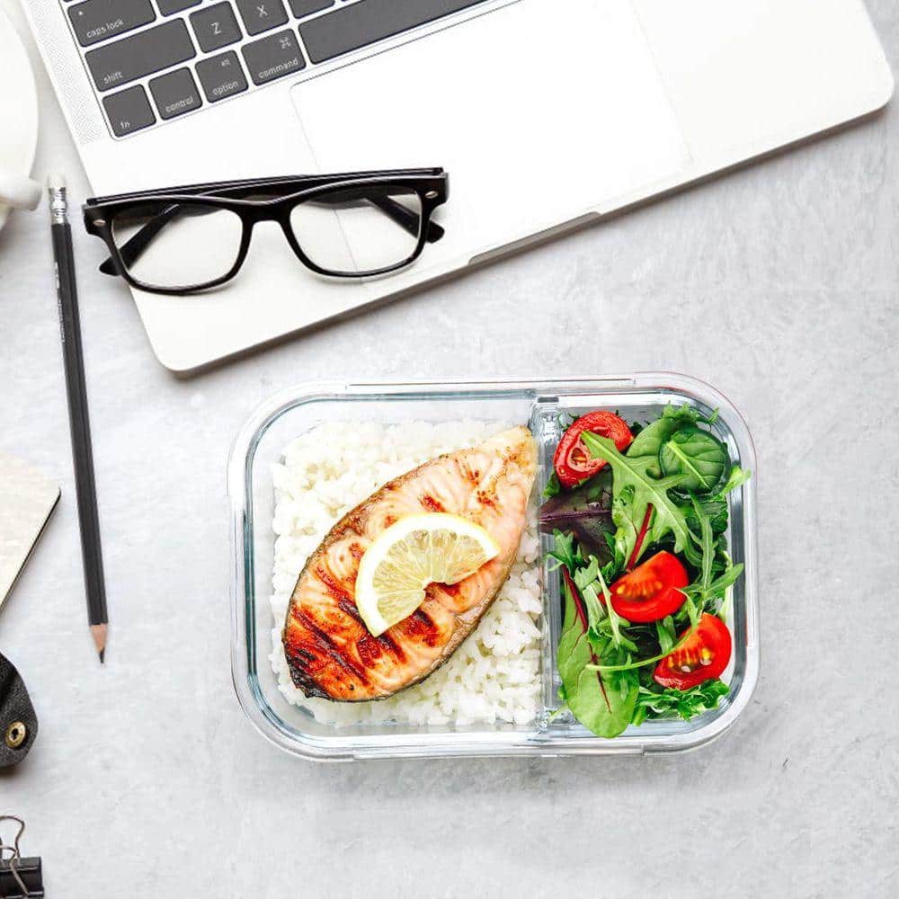 Borosilicate Glass Meal Prep Containers 2 Compartments with Snap Locking Lids Portion Control 5-Pack 36 oz.
