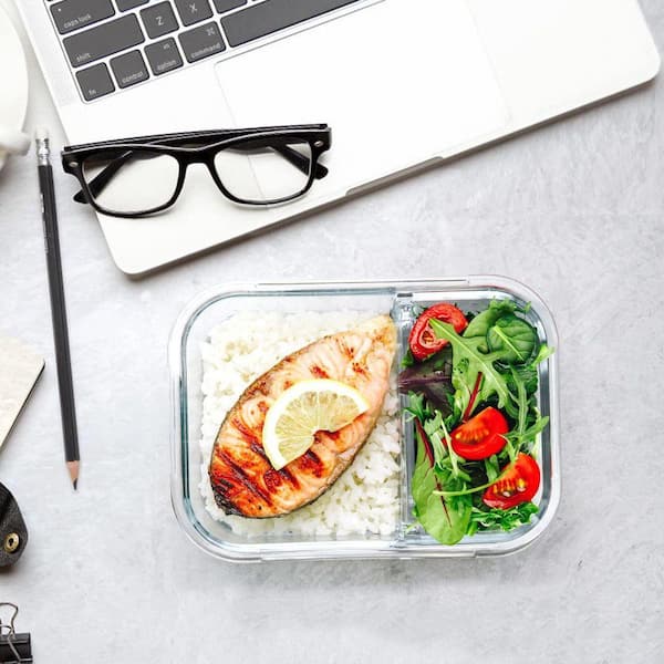 Borosilicate Glass Meal Prep Containers 2 Compartments with Snap Locking Lids Portion Control 5-Pack 36 oz.