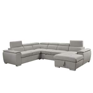 125 in. U Shaped 7-Seat Polyester Sectional Sofa in Beige with Pull-Out Bed, Storage Chaise