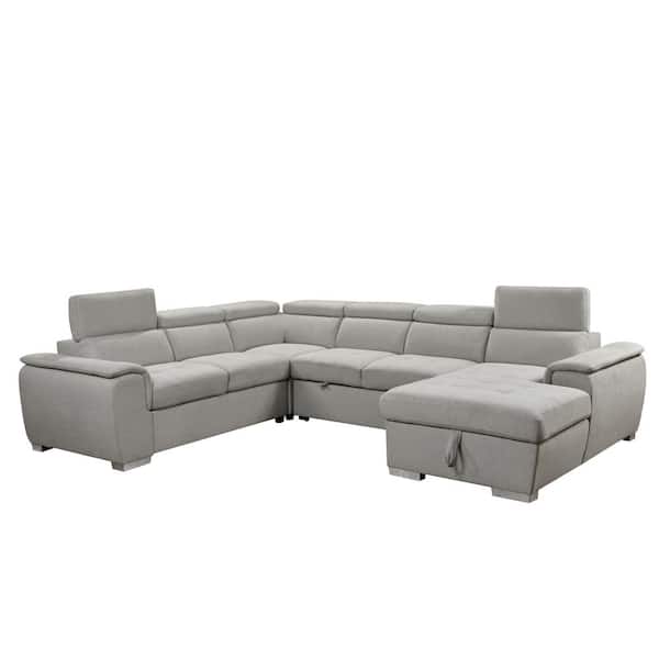 sumyeg 125 in. U Shaped 7-Seat Polyester Sectional Sofa in Beige with Pull-Out Bed, Storage Chaise