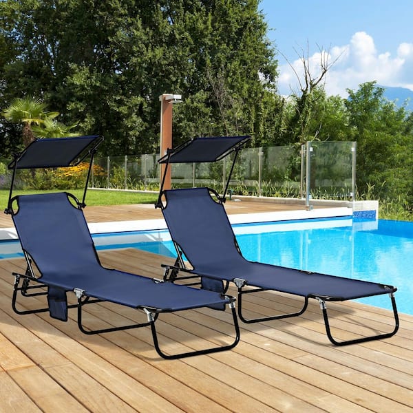 Siavonce Outdoor Steel Folding Steel Lawn Chairs with Canopy Sunshade, Steel Frame and Side Pockets, for Beach (2-Piece)