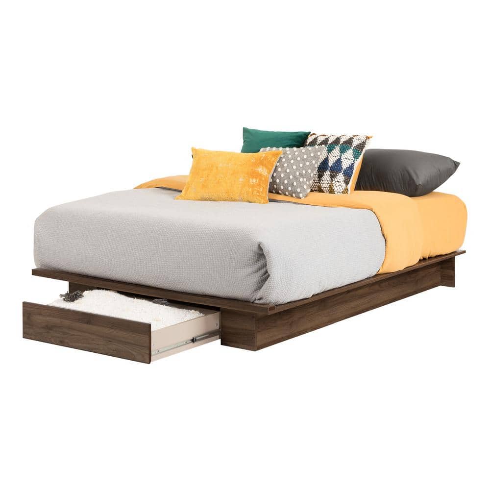 Sleek Holland Queen Platform Bed with Storage Drawer in Natural Walnut