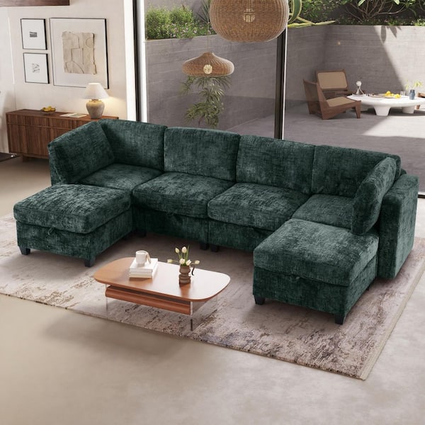 Unity 128 in. Square Arm 6-Piece Chenille Modular Convertible Sectional Sofa in. Antique Green with Storage, 2 Ottomans
