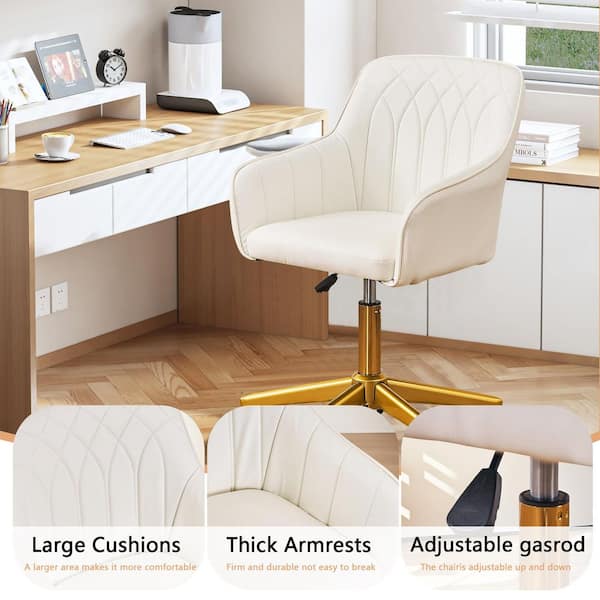Office Chair Faux Leather Ergonomic with Back Support-Adjustable Height Vanity Desk Chair in White with Arms