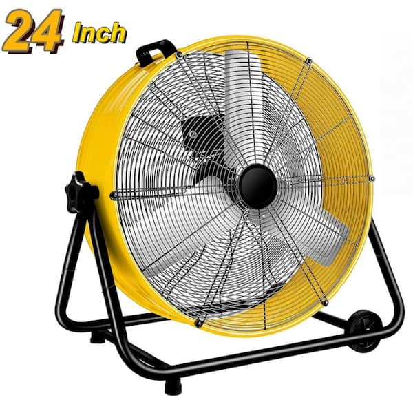 24 in. Heavy Duty Metal Industrial Drum Fan, in Yellow, 3 Speed Floor Fan for Warehouse, Workshop, Factory and Basement