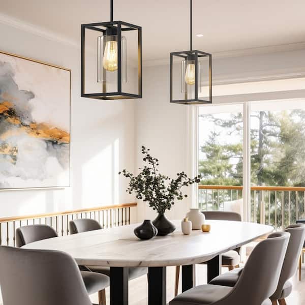 6.7 in.1-Light Black Square Framed Pendant with Clear Glass, Indoor Retro Industrial Hanging Light for Kitchen Island