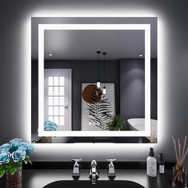 LASIHEM 36 in. W x 36 in. H Rectangular Frameless LED Light Wall Bathroom Vanity Mirror with Anti-Fog in Black