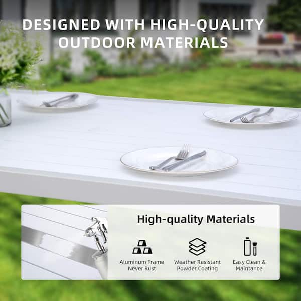 6-Piece Aluminum Outdoor Dining Furniture Set with White Cushions and Rectangle Table with Umbrella Hole