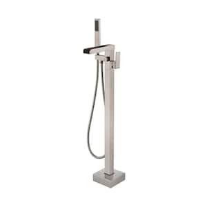 1-Handle Swivel Spout Freestanding Waterfall Tub Filler with Hand Shower in Brushed Nickel