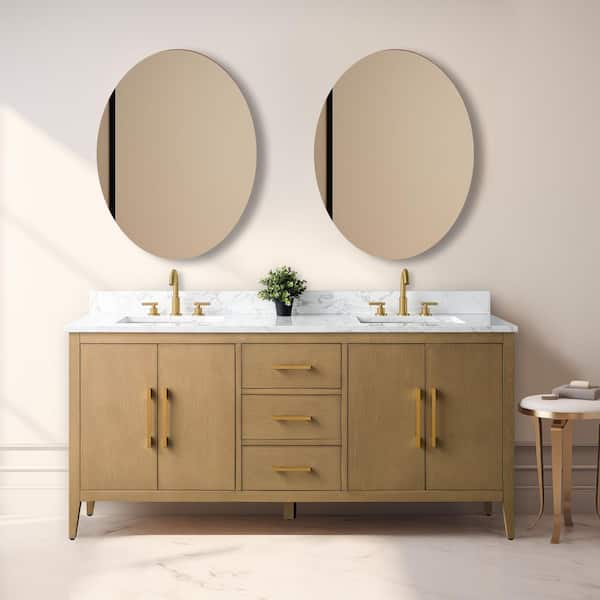 Vanity Art 72 in. W x 22 in. D x 34 in. H Double-Sink Bathroom Vanity in Natural Oak with Engineered Marble Top in Arabescato White