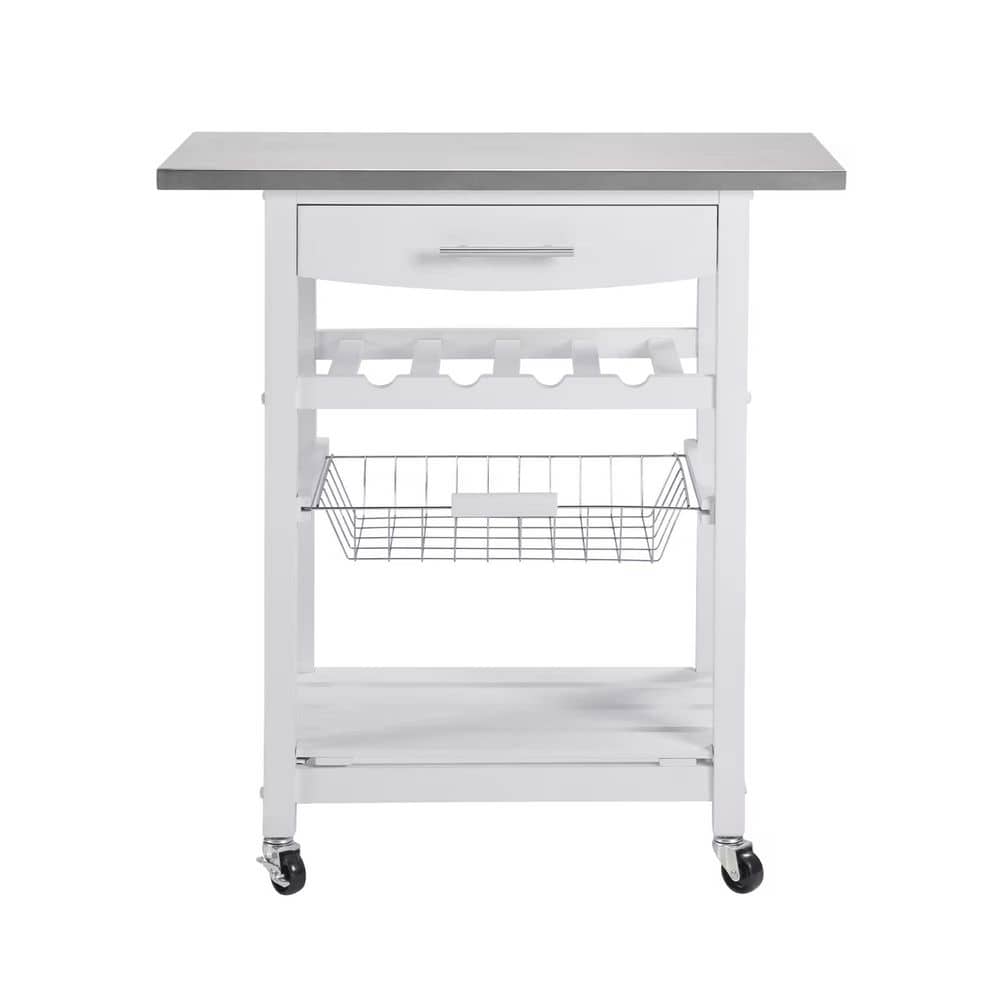 White Stainless Steel Top Kitchen Cart with Drawer, Wine Rack and Slide-Out Storage Basket price history on PriceWatchPro
