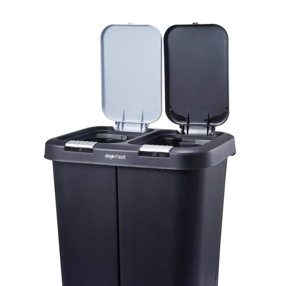Black Dual Compartment Plastic Step Pedal Trash and Recycling Bin